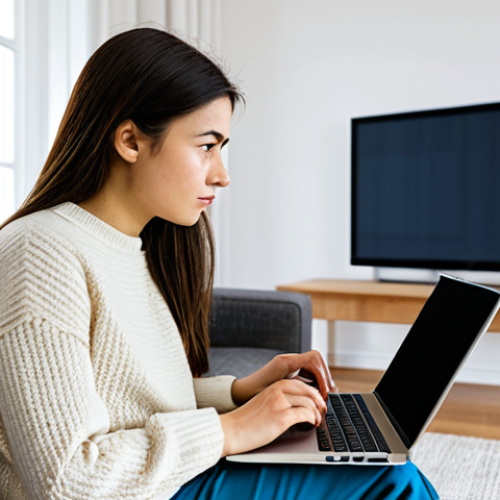 Home 11 A professional young woman, mid-20s, with a focused expression, fully clothed in a modest, contemporary sweater and trousers, appropriate attire. She is sitting comfortably on a modern sofa, intently watching a foreign-language film on a laptop. Subtitles are visible on the screen. A small notebook and pen are beside her, indicating active learning. The environment is a brightly lit, clean, and minimalist living room with subtle cultural decor elements. Soft, natural light from a window. High-quality professional photography, vibrant colors, cinematic feel. safe for work, appropriate content, fully clothed, professional, modest, family-friendly, perfect anatomy, correct proportions, natural pose, well-formed hands, proper finger count, natural body proportions.