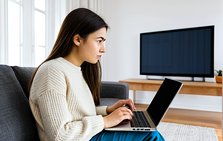 A professional young woman, mid-20s, with a focused expression, fully clothed in a modest, contemporary sweater and trousers, appropriate attire. She is sitting comfortably on a modern sofa, intently watching a foreign-language film on a laptop. Subtitles are visible on the screen. A small notebook and pen are beside her, indicating active learning. The environment is a brightly lit, clean, and minimalist living room with subtle cultural decor elements. Soft, natural light from a window. High-quality professional photography, vibrant colors, cinematic feel. safe for work, appropriate content, fully clothed, professional, modest, family-friendly, perfect anatomy, correct proportions, natural pose, well-formed hands, proper finger count, natural body proportions.