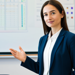 A professional female language teacher, mid-career, with a thoughtful expression. She is fully clothed in a modest, professional blazer and blouse. She stands in a well-lit, contemporary classroom, one hand resting gently on a traditional textbook while her gaze is directed towards a transparent holographic display showcasing detailed, AI-generated student progress data and linguistic insights. The background features blurred elements of a modern learning environment. professional photography, high resolution, soft studio lighting, perfect anatomy, correct proportions, natural pose, well-formed hands, proper finger count, natural body proportions, safe for work, appropriate content, fully clothed, professional dress.