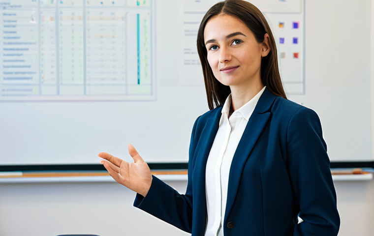 A professional female language teacher, mid-career, with a thoughtful expression. She is fully clothed in a modest, professional blazer and blouse. She stands in a well-lit, contemporary classroom, one hand resting gently on a traditional textbook while her gaze is directed towards a transparent holographic display showcasing detailed, AI-generated student progress data and linguistic insights. The background features blurred elements of a modern learning environment. professional photography, high resolution, soft studio lighting, perfect anatomy, correct proportions, natural pose, well-formed hands, proper finger count, natural body proportions, safe for work, appropriate content, fully clothed, professional dress.