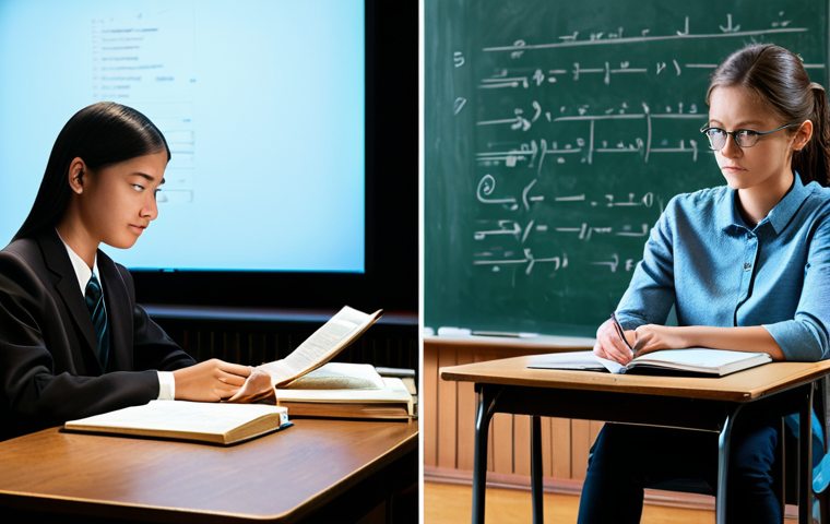 A professional, split image contrasting traditional and AI-powered language education. On the left, a young adult, fully clothed in modest everyday attire, sits at a classic wooden school desk in a dimly lit, traditional classroom, looking overwhelmed by stacks of grammar textbooks and paper tests. On the right, the same young adult, fully clothed in appropriate attire, is engaged and confident, interacting with a sleek, futuristic tablet or a holographic interface displaying dynamic speech analysis and personalized learning modules. The modern background is bright and clean, with subtle digital elements. Perfect anatomy, correct proportions, natural pose, well-formed hands, proper finger count, natural body proportions. High-resolution, professional photography, soft studio lighting. Safe for work, appropriate content, fully clothed, family-friendly.