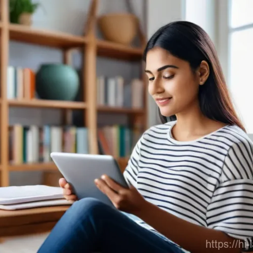 언어 교육의 데이터 기반 학습 - **Prompt:** A young Indian woman in her late twenties, dressed in comfortable, modern casual wear (l...