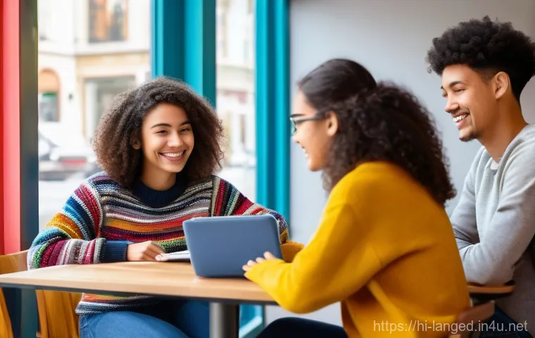 언어 교육에서의 협동 학습 - **Collaborative Cafe Study Session**
    A vibrant, realistic image of a diverse group of four young...