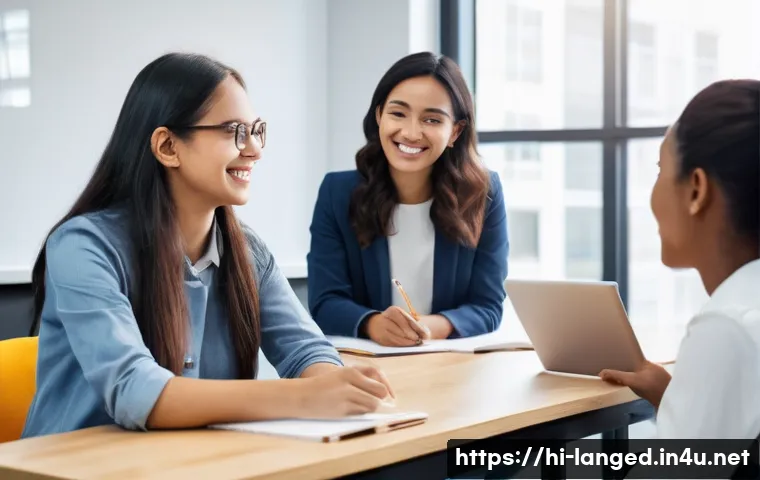 언어 교육에서의 클리닉 및 멘토링 - **Prompt:** A diverse group of 4-5 adults and young adults (late teens to early 30s) are gathered ar...