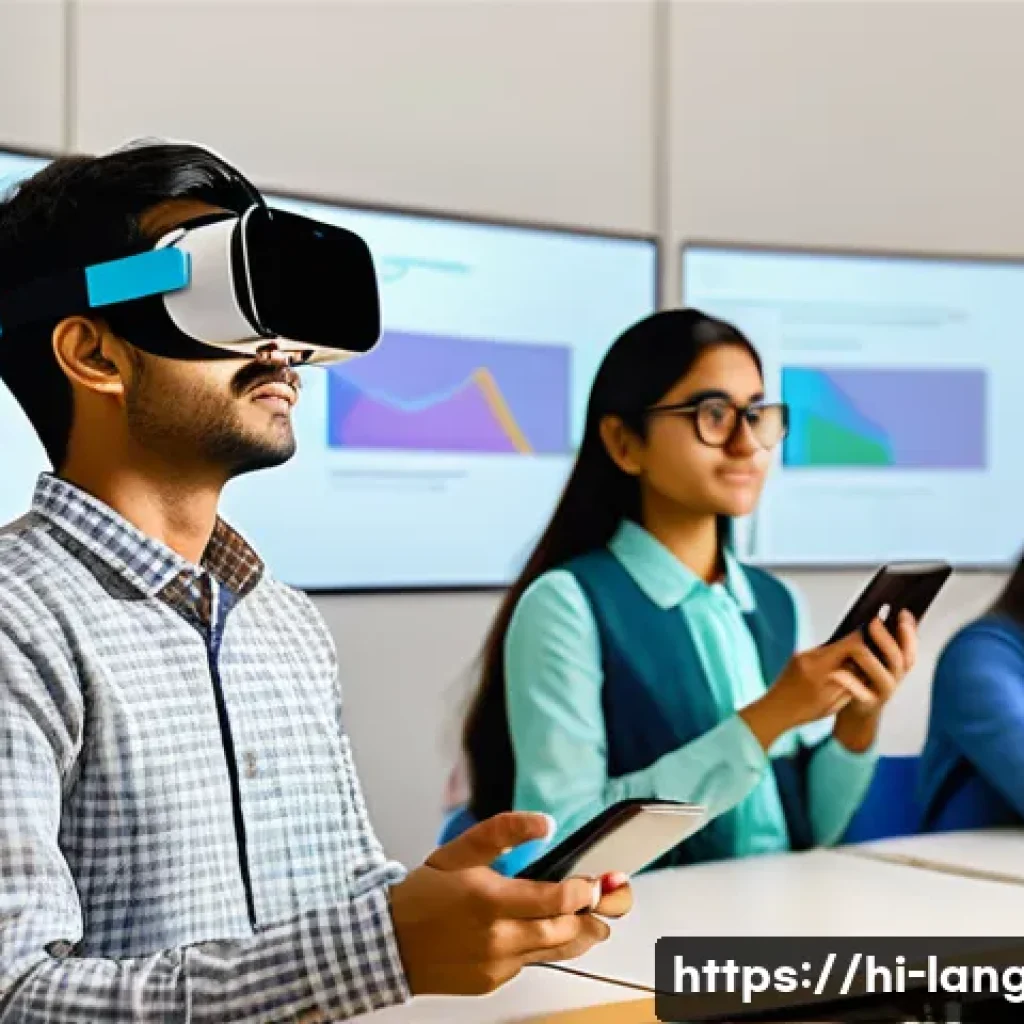 언어 교육에서의 대학원생 연구 - A vibrant classroom scene depicting postgraduate students engaged in language learning using advance...