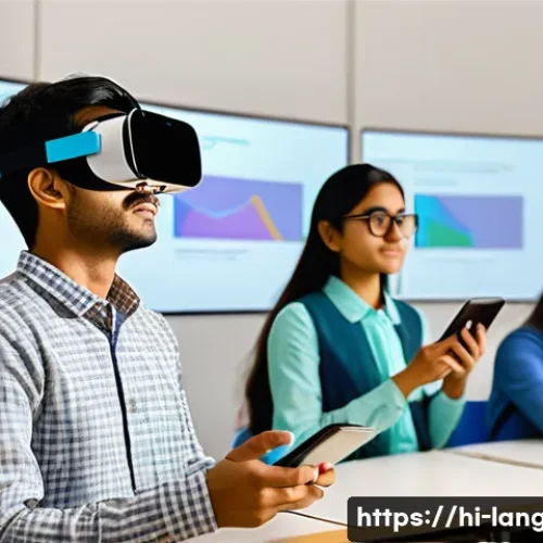 언어 교육에서의 대학원생 연구 - A vibrant classroom scene depicting postgraduate students engaged in language learning using advance...