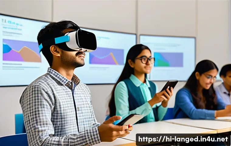 언어 교육에서의 대학원생 연구 - A vibrant classroom scene depicting postgraduate students engaged in language learning using advance...