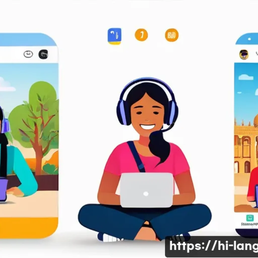 언어 교육에서의 온라인 교육 - A vibrant and modern online language learning scene featuring a diverse group of Hindi-speaking stud...