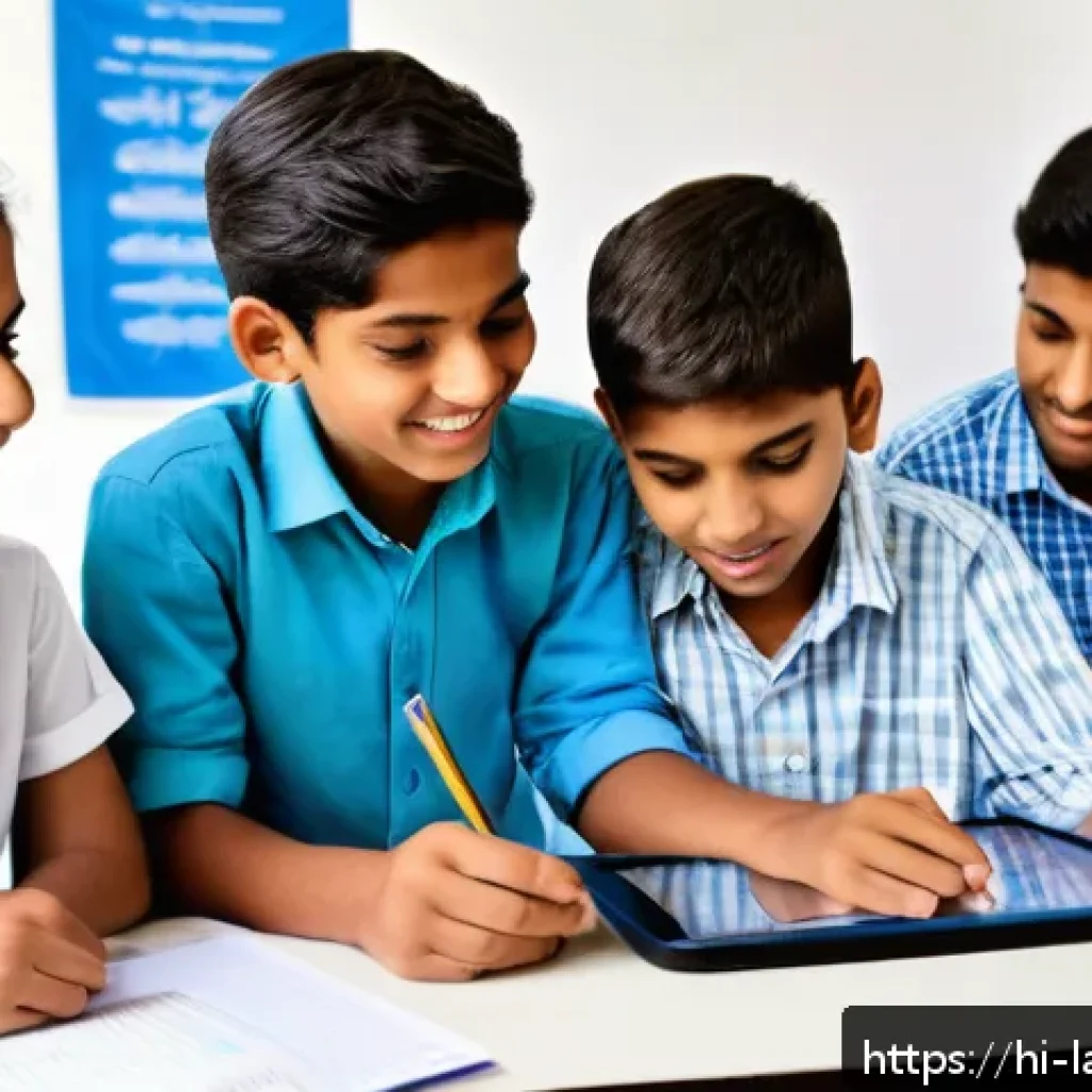 언어 교육 평가 - A modern classroom scene in India with diverse Hindi-speaking students actively engaged in a project...