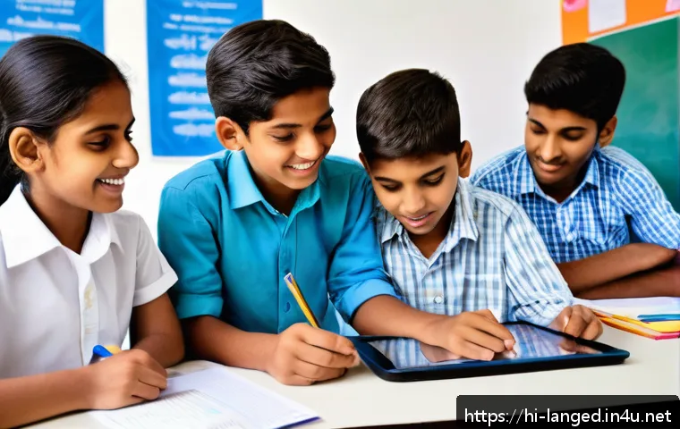 언어 교육 평가 - A modern classroom scene in India with diverse Hindi-speaking students actively engaged in a project...