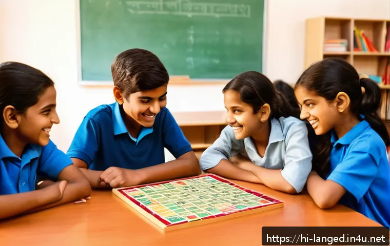 언어 교육에서의 게임을 통한 학습 - A vibrant classroom scene with Hindi-speaking children aged around 10-12 actively playing interactiv...