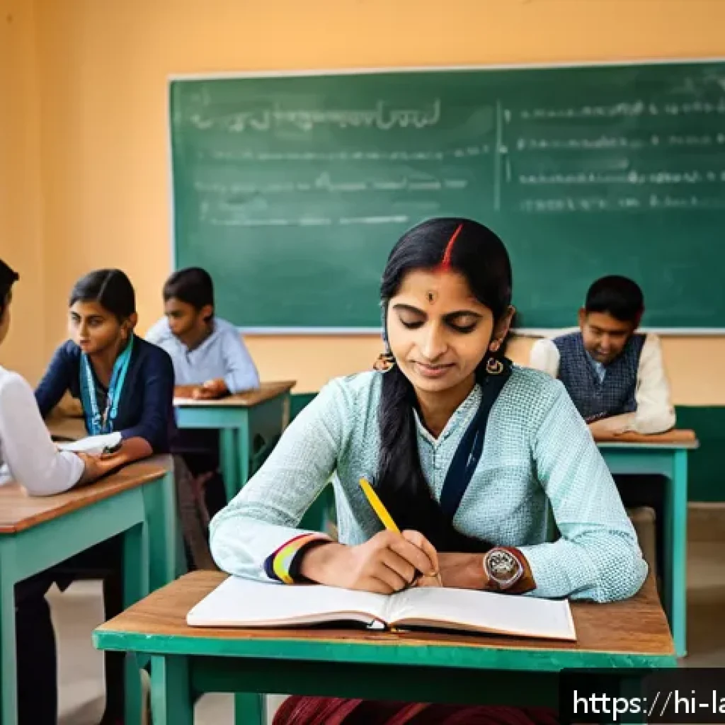 언어 교육에서의 혼합 방법론 - A modern blended classroom scene in India, showing a diverse group of Hindi-speaking students engage...