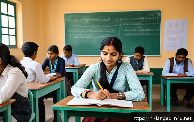 언어 교육에서의 혼합 방법론 - A modern blended classroom scene in India, showing a diverse group of Hindi-speaking students engage...