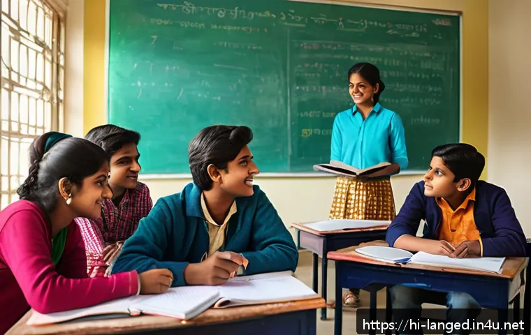 언어 교육의 학습자 중심 접근 - A vibrant classroom scene showing a diverse group of Indian students engaged in a lively group discu...