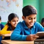 Home 19 언어 교육에서의 국제학술 대회 - A vibrant classroom scene showcasing a diverse group of Hindi-speaking students using digital langua...