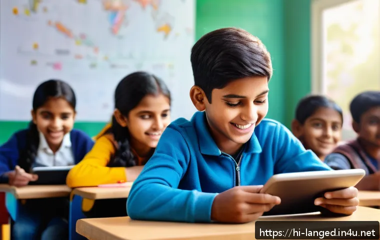 언어 교육에서의 국제학술 대회 - A vibrant classroom scene showcasing a diverse group of Hindi-speaking students using digital langua...