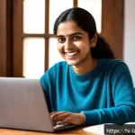 Home 18 언어 교육의 문제 해결 학습 - A confident young Hindi-speaking adult woman practicing language skills at home, sitting at a wooden...