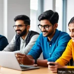 Home 23 언어 교육에서의 웹 기반 학습 - A vibrant digital classroom scene showing diverse Indian learners using interactive language learnin...