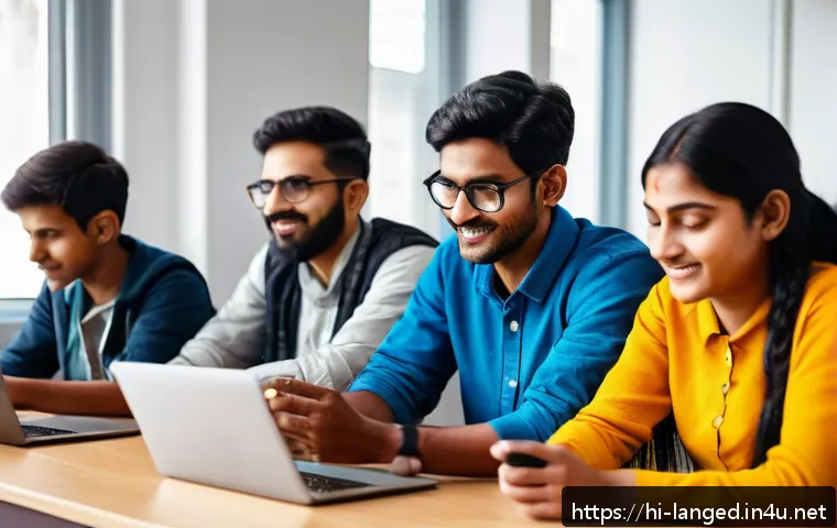 언어 교육에서의 웹 기반 학습 - A vibrant digital classroom scene showing diverse Indian learners using interactive language learnin...