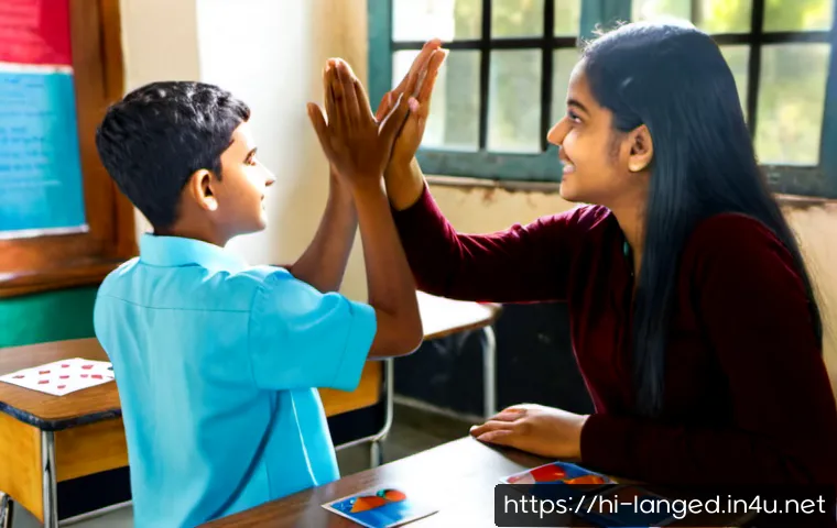 Home 17 언어 교육에서의 학습 동기 유도 - Photorealistic classroom scene in India, an encouraging Hindi language teacher warmly guiding a dive...
